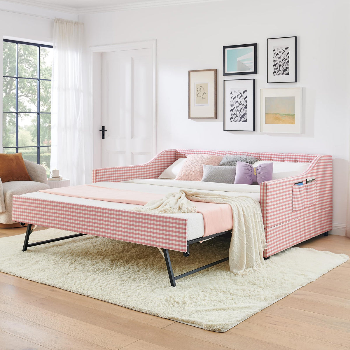 Full Size Upholstered Daybed with Trundle and Side Pocket X65611