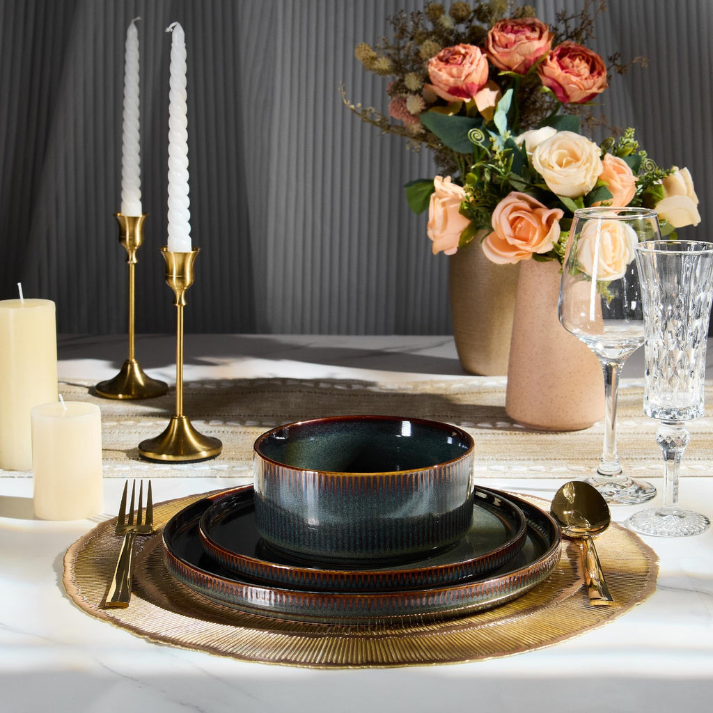 12-Piece Plates and Bowls Set and 35oz Pasta Bowls Set of 4, Stoneware Dinnerware Set for 4, Blackish Green H200150
