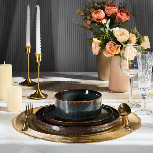 12-Piece Plates and Bowls Set and 35oz Pasta Bowls Set of 4, Stoneware Dinnerware Set for 4, Blackish Green H200150