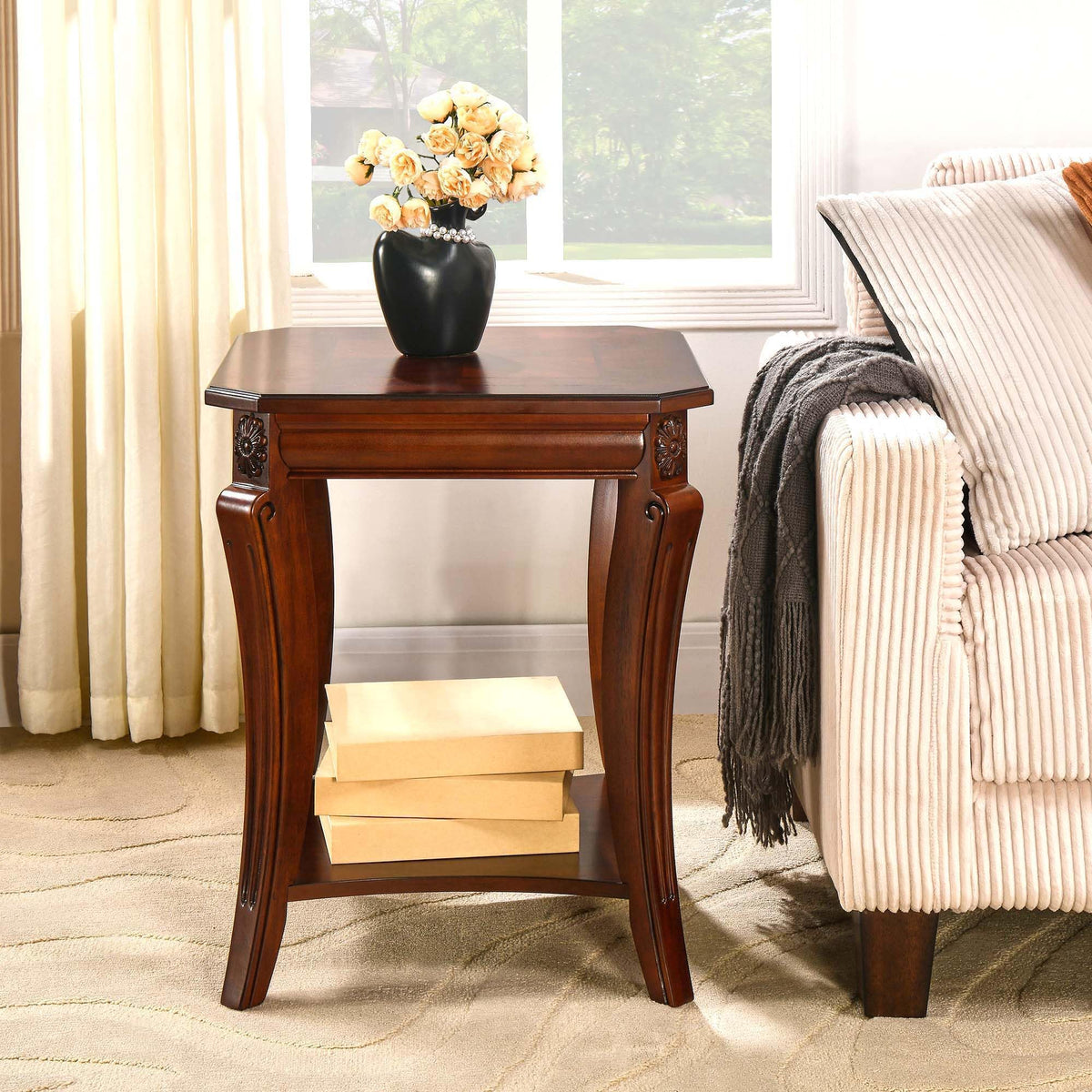 Cherry Brown Side Table with Storage Shelf Q148