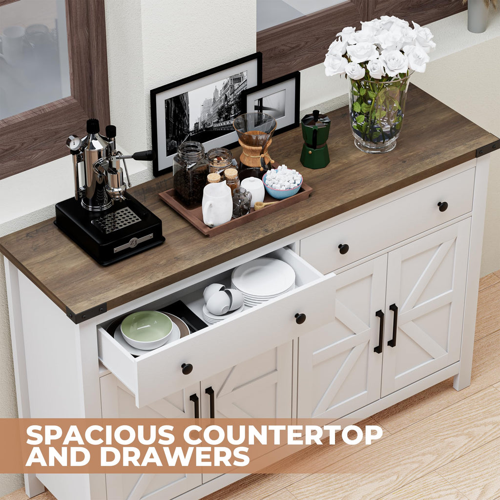 White Wood Buffet Cabinet with 2 Drawers and 4 Barn Doors C69663