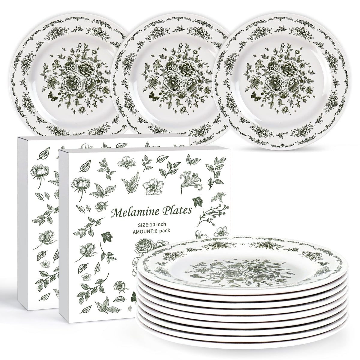 12 Piece 10 inch Green and White Floral Melamine Dinner Plates D30796