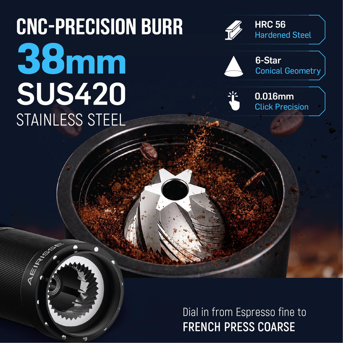 Manual 72-Click Conical Burr Stainless Steel Coffee Grinder A484633