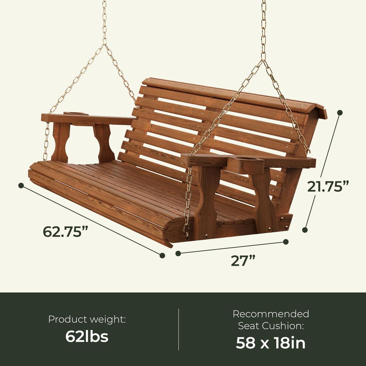 Heavy Duty 700 Lb Capacity Porch Swing with Cup Holders, 5 Foot Q16882