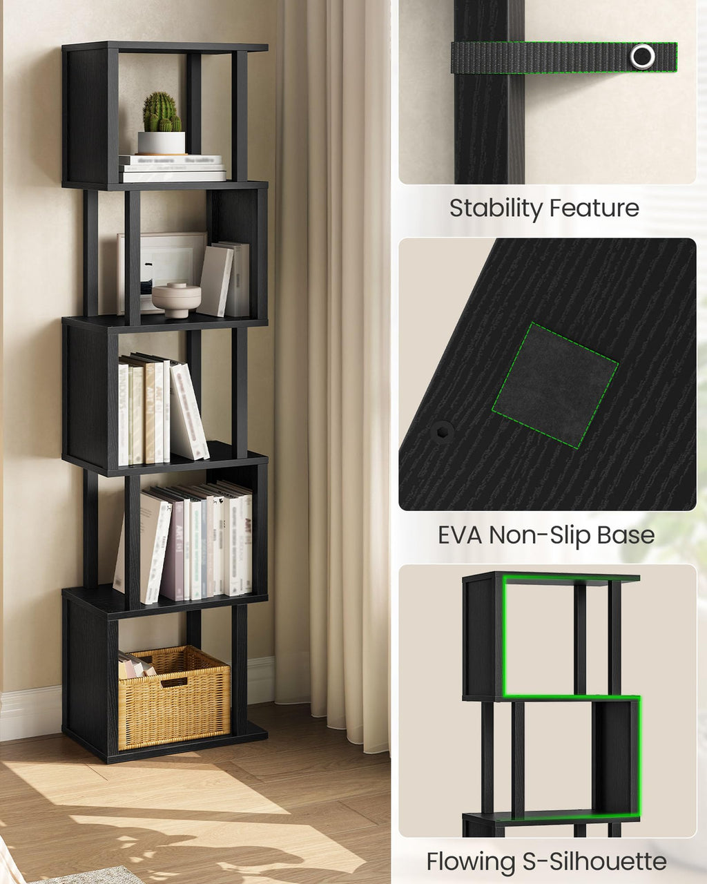 Black 5-Tier Bookshelf with Anti-Tip Kit K456
