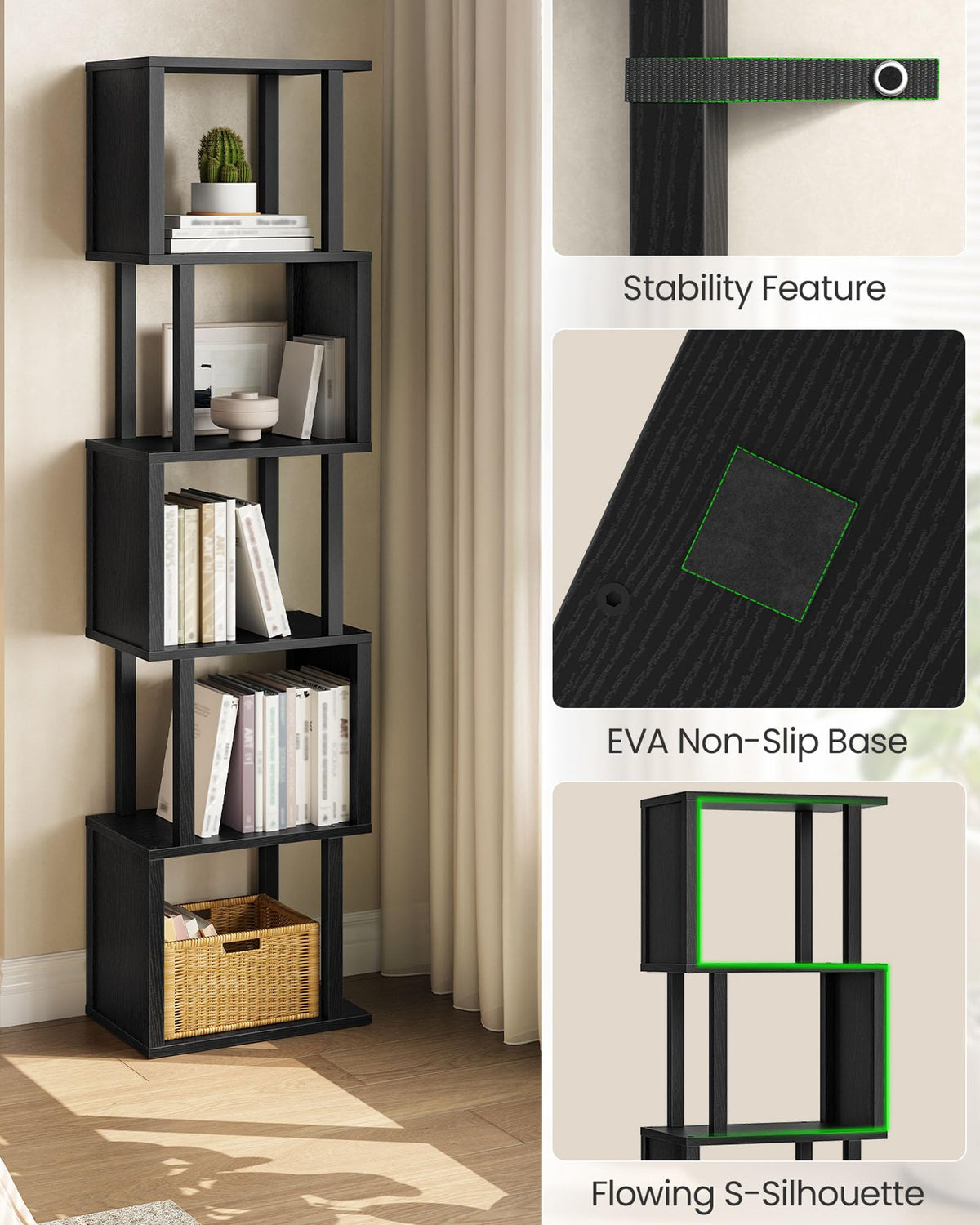 Black 5-Tier Bookshelf with Anti-Tip Kit K456