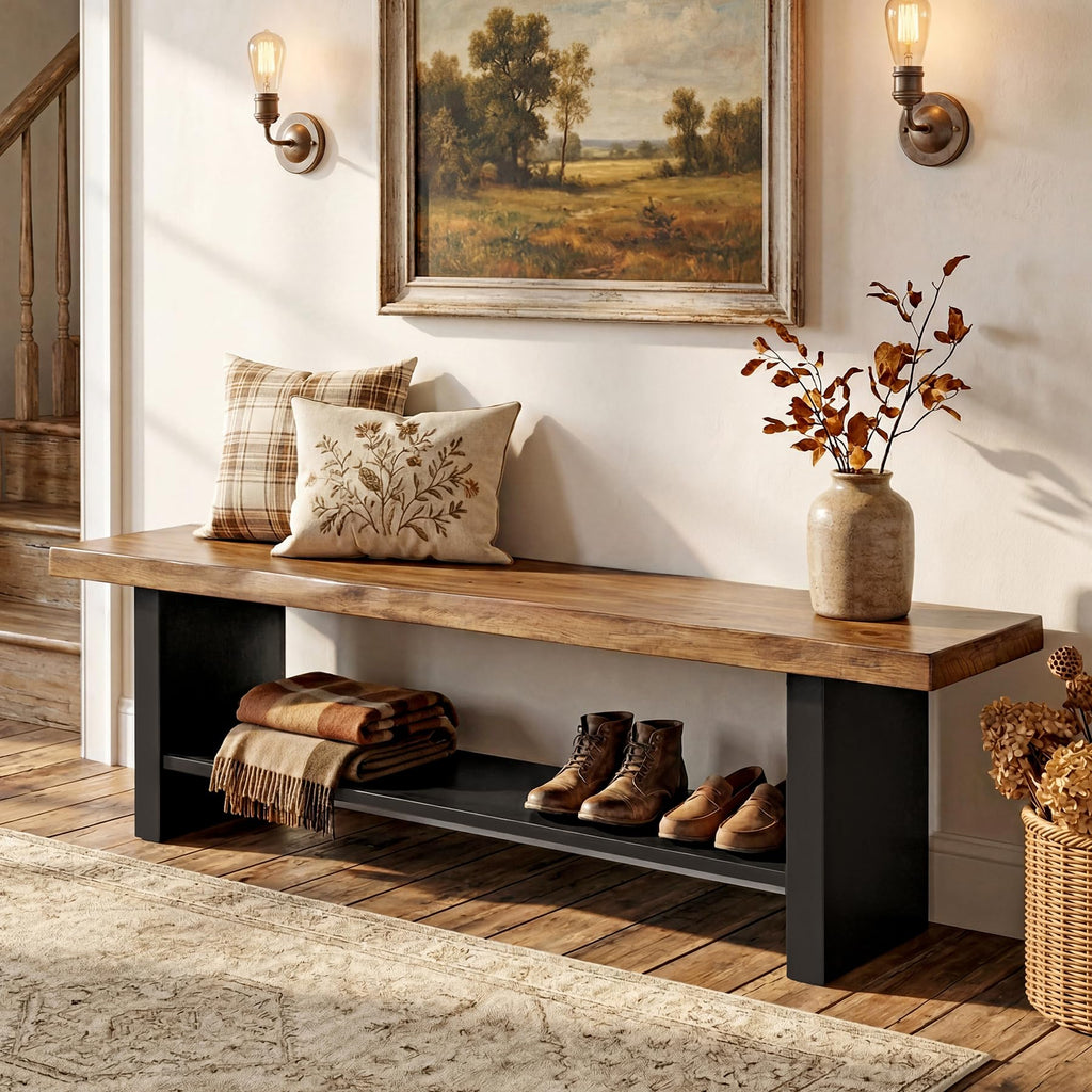 55" Solid Wood 2-Tier Shoe Storage Bench E286