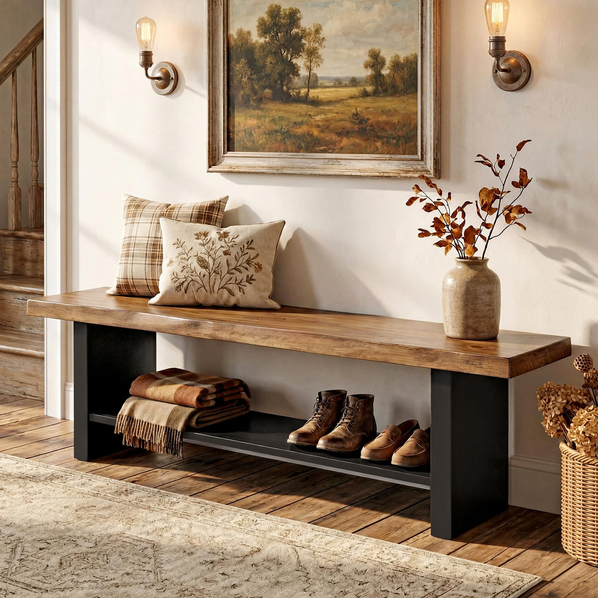 55" Solid Wood 2-Tier Shoe Storage Bench E286