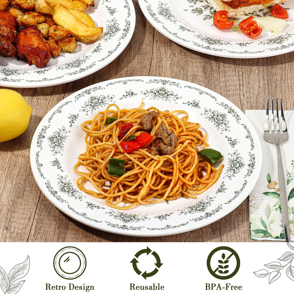 12 Piece 10 inch Green and White Floral Melamine Dinner Plates D30796