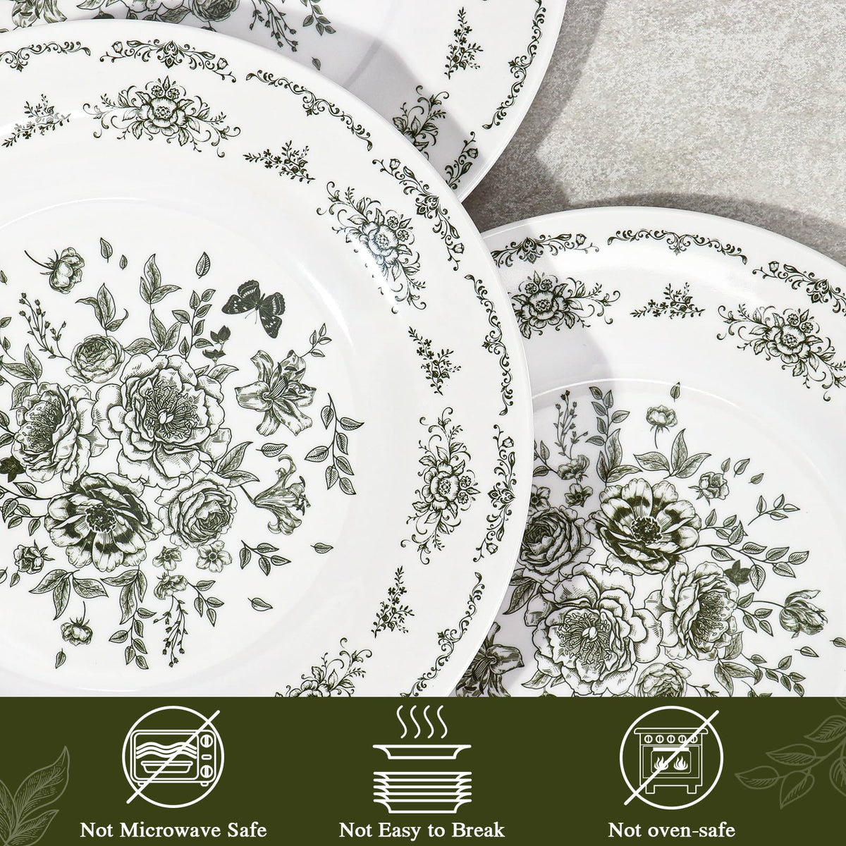 12 Piece 10 inch Green and White Floral Melamine Dinner Plates D30796
