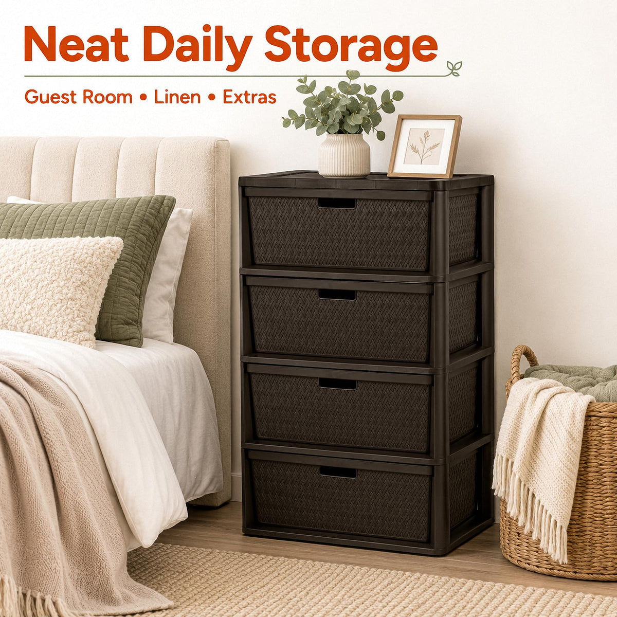 Brown 4 Drawer Plastic Storage Tower H2218