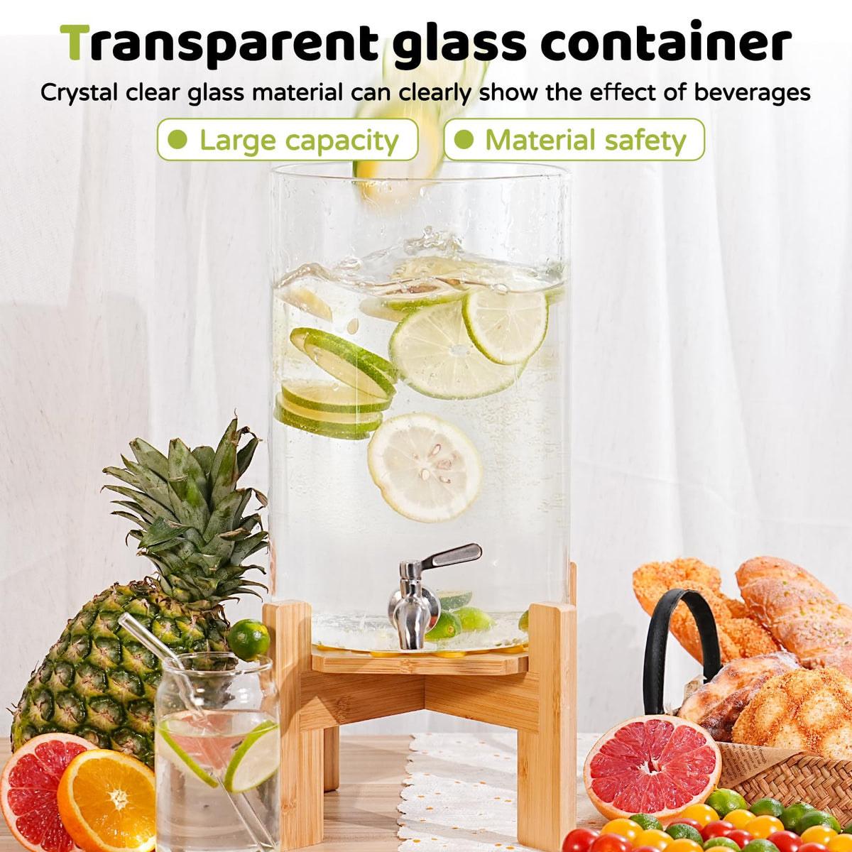 2.2 Gallon Glass Beverage Dispenser with Wood Stand and Stainless Steel Spigot B965