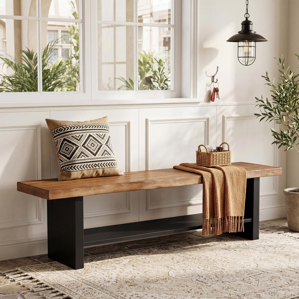 55" Solid Wood 2-Tier Shoe Storage Bench E286