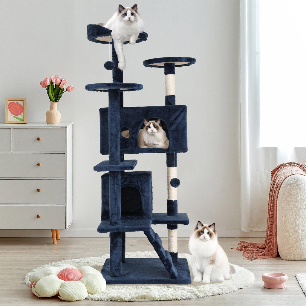 70 Inch Navy Blue Multi-Level Cat Tree with Scratching Posts D7662