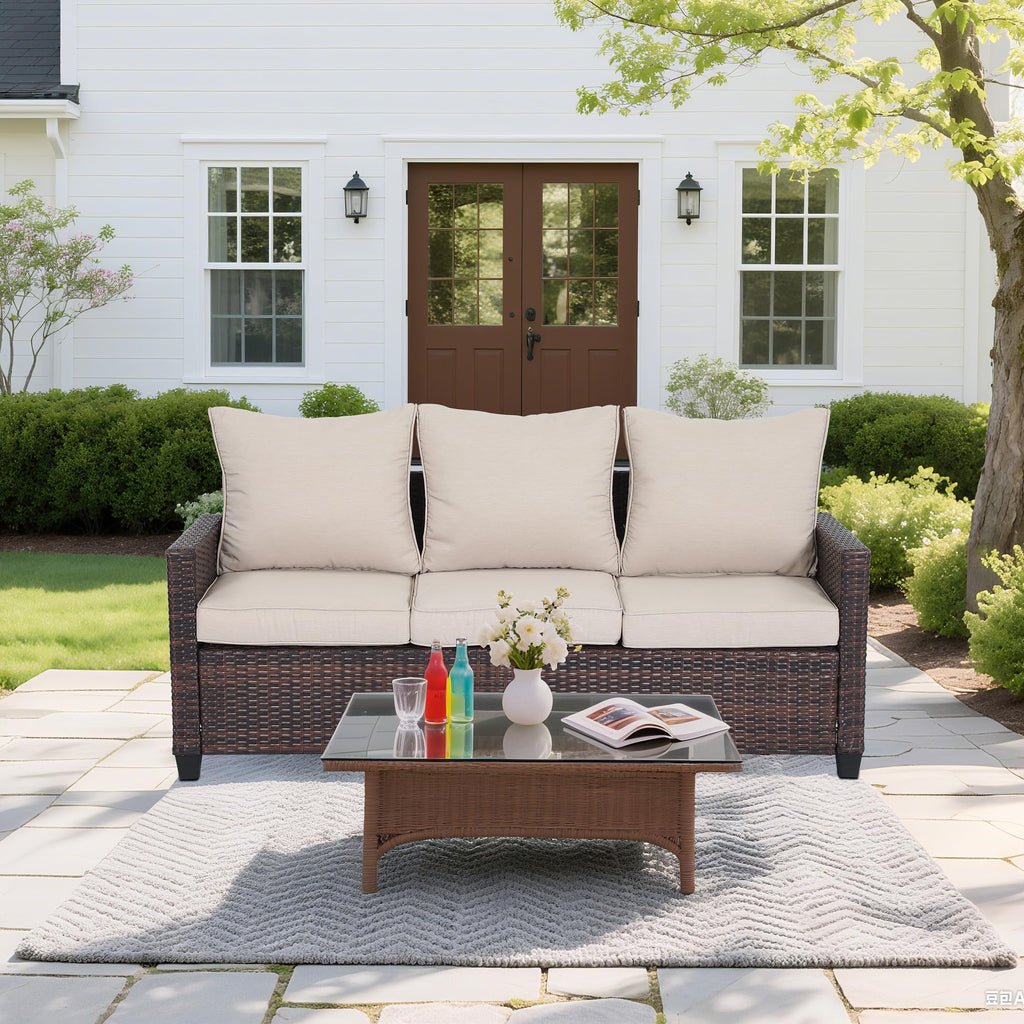 Rattan 3-Seater Outdoor Sofa with Blue Cushions Z6177