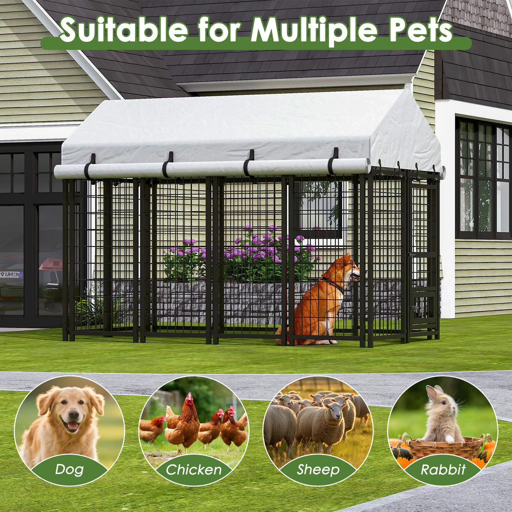 8x4x6 FT Metal Dog Kennel with 2 Dog Bowls E2797