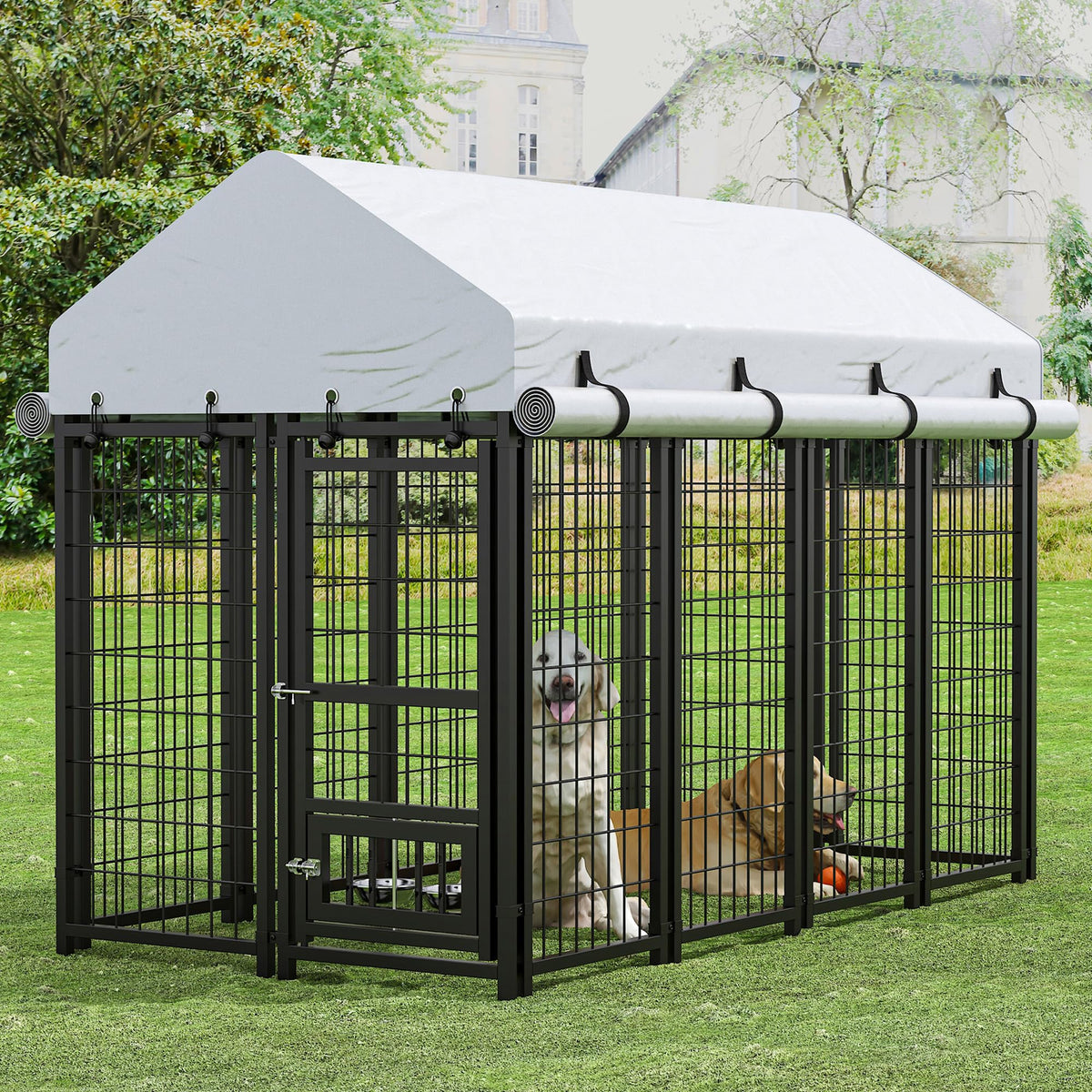 8x4x6 FT Metal Dog Kennel with 2 Dog Bowls E2797