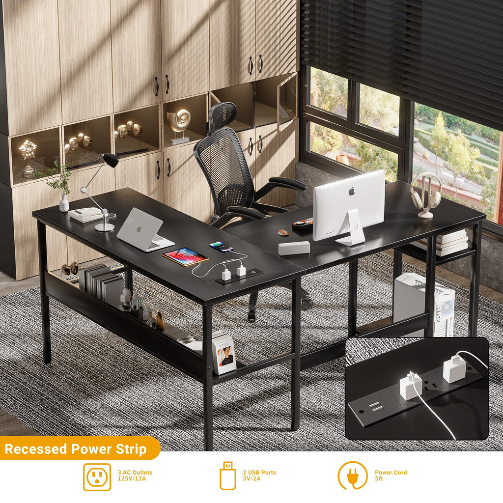 Black Reversible L Shaped Computer Desk with Power Outlets and Storage Shelves O755724