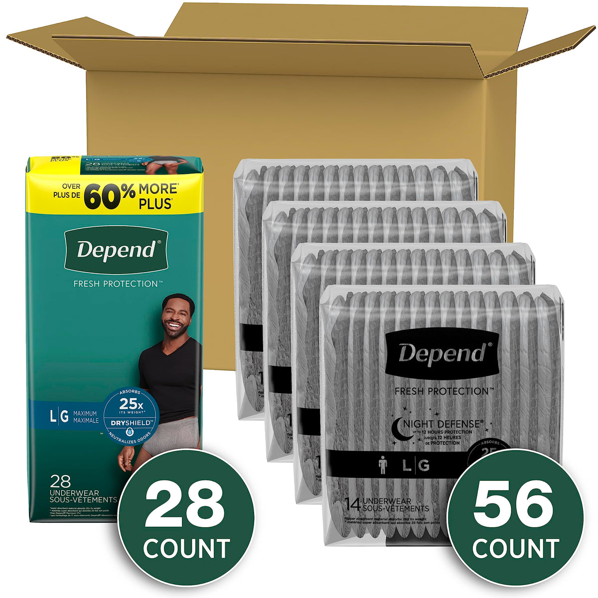 Adult Incontinence Underwear Bundle: Maximum Large Grey 28 Count and Overnight Large Grey 56 Count W575