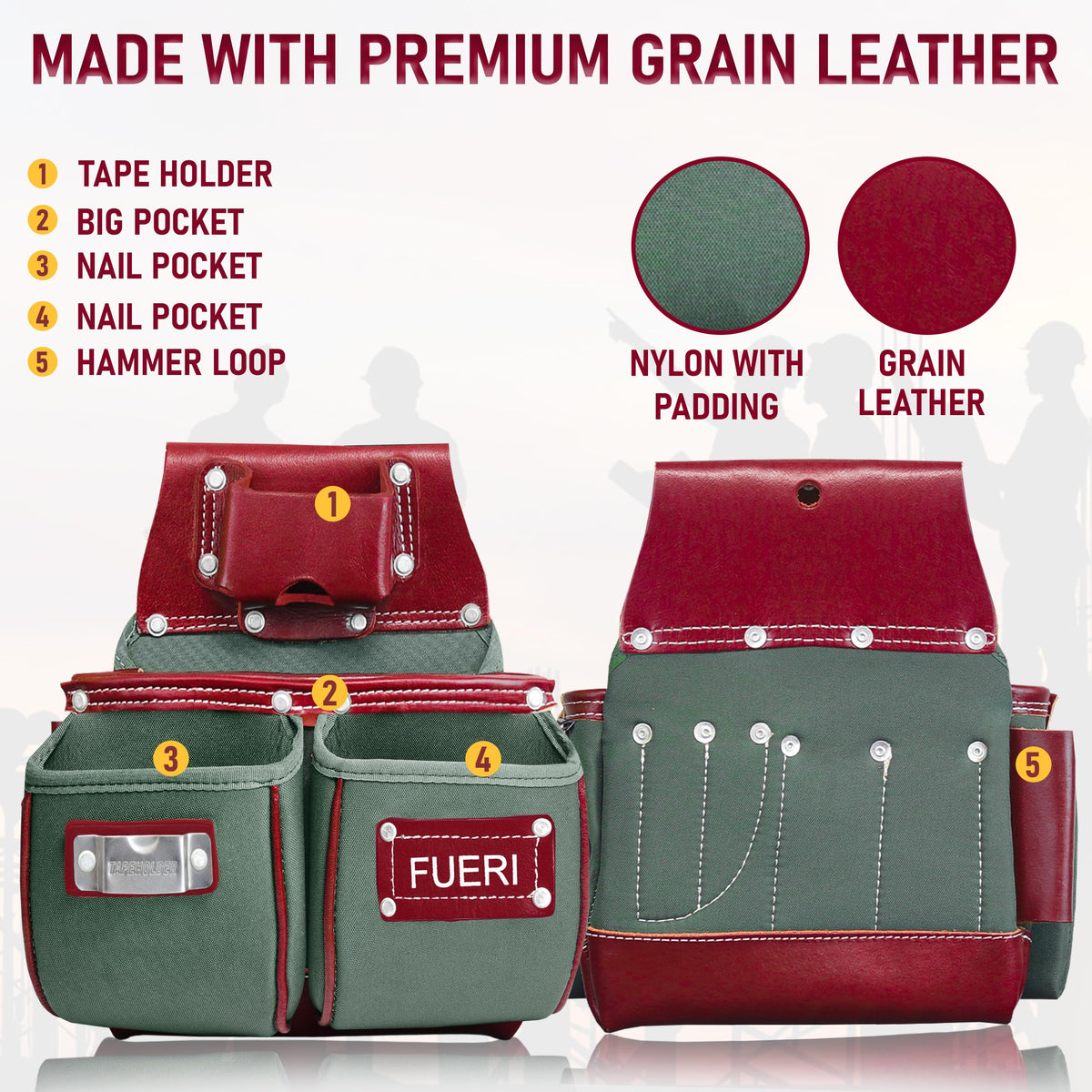 Nylon Grain Leather Carpenter Tool Belt with Padded Belt and Hammer Holder H982680