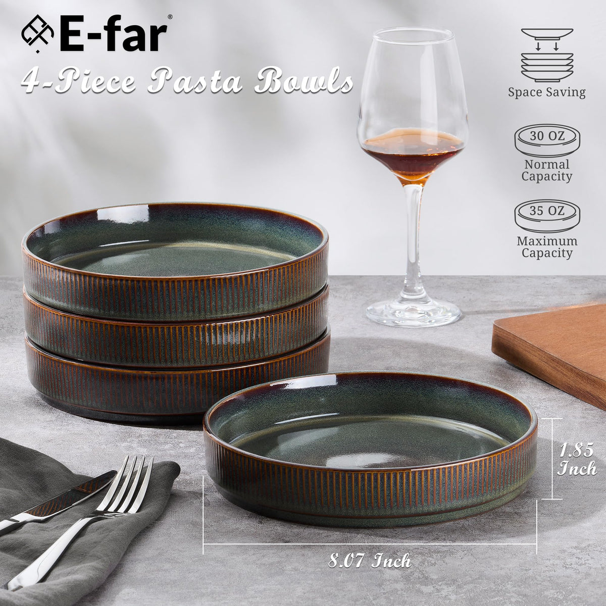 12-Piece Plates and Bowls Set and 35oz Pasta Bowls Set of 4, Stoneware Dinnerware Set for 4, Blackish Green H200150