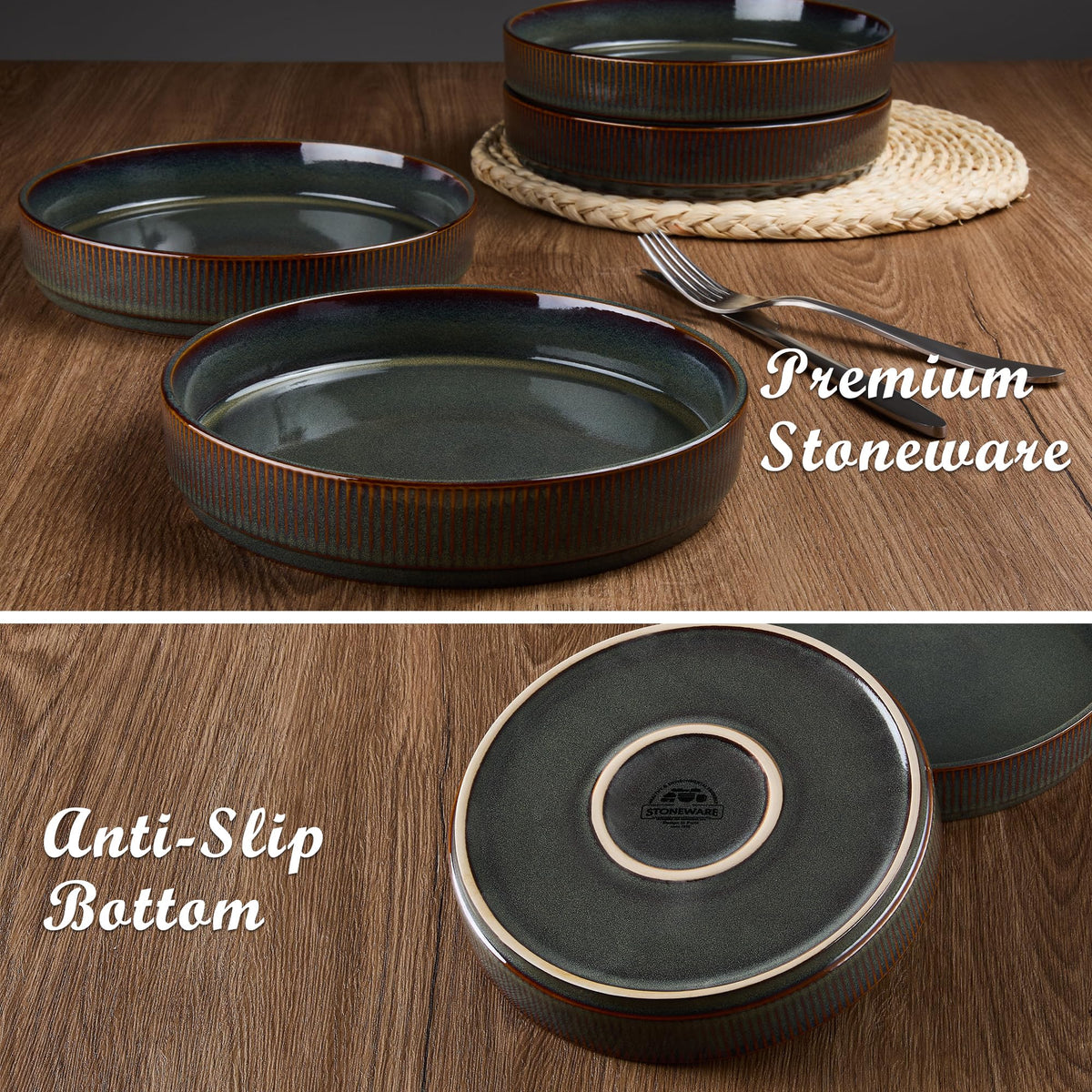12-Piece Plates and Bowls Set and 35oz Pasta Bowls Set of 4, Stoneware Dinnerware Set for 4, Blackish Green H200150