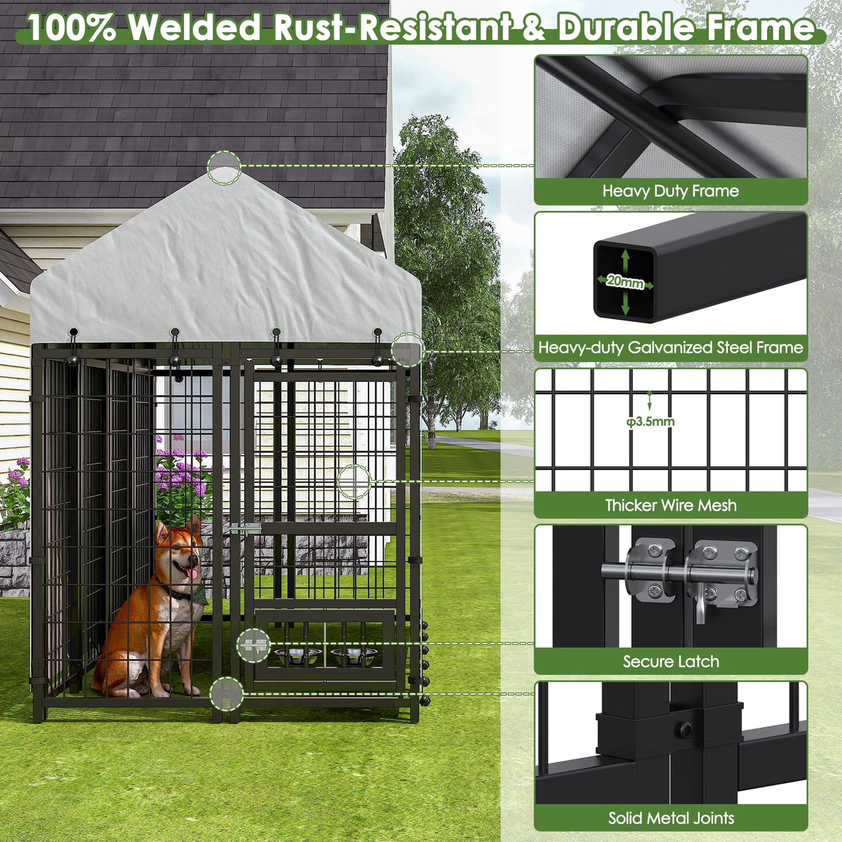 8x4x6 FT Metal Dog Kennel with 2 Dog Bowls E2797