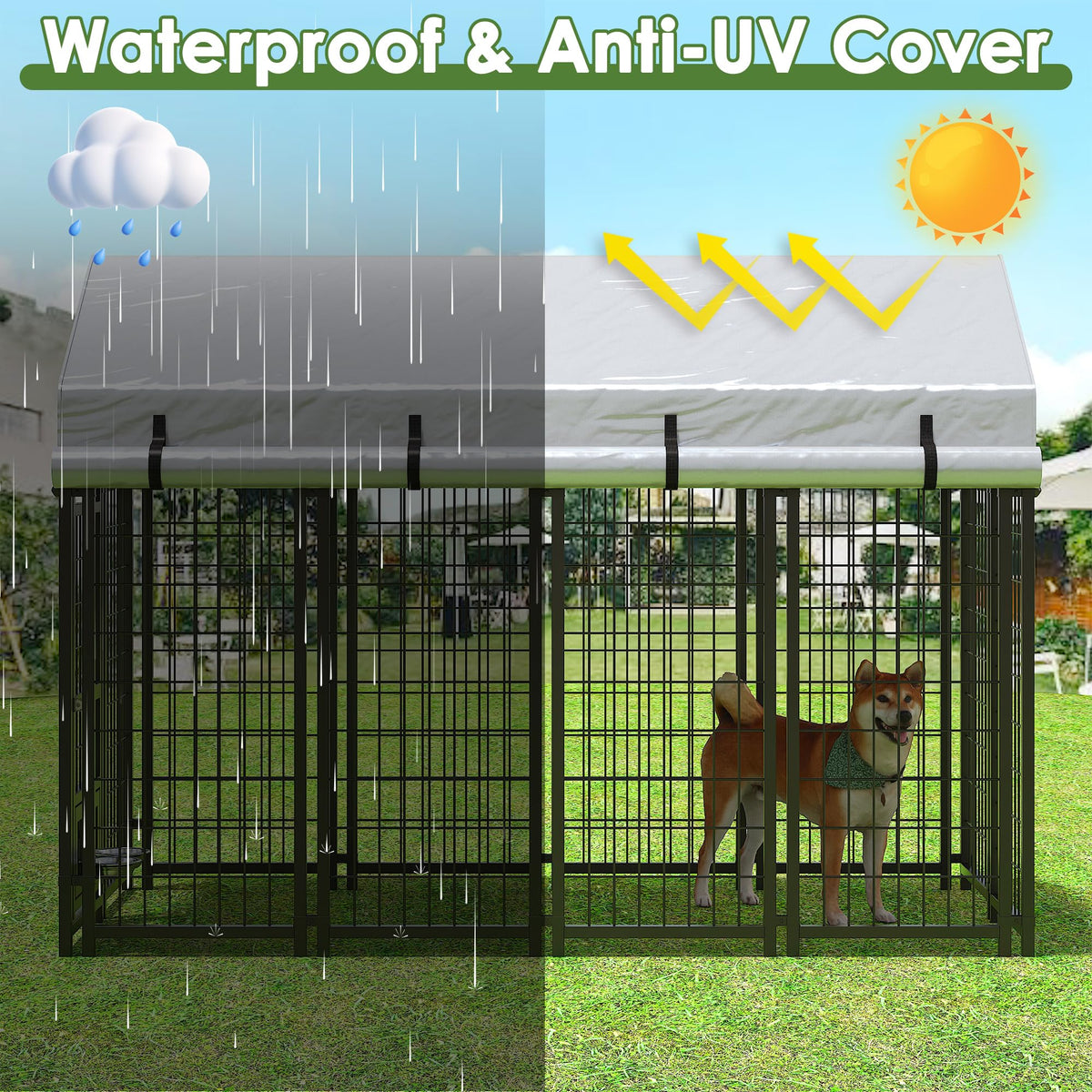 8x4x6 FT Metal Dog Kennel with 2 Dog Bowls E2797