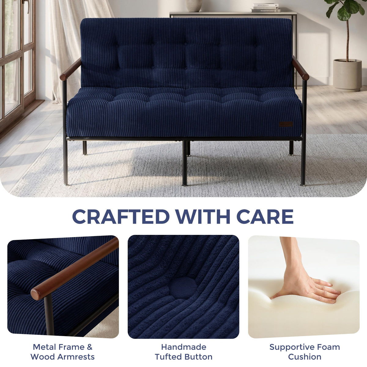 Loveseat Sofa Chair with Metal Frame and Wood Armrests E624